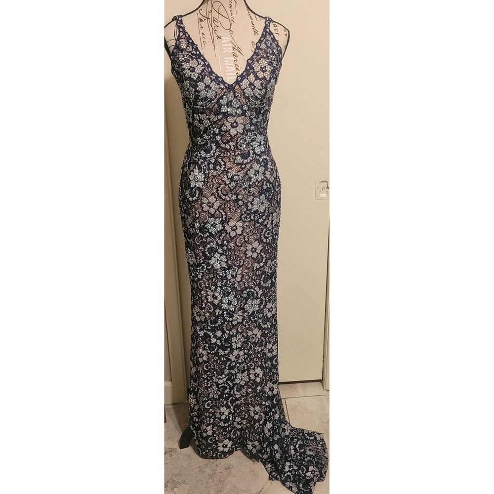 Jovani Navy Blue Lace Open Back Mermaid Prom Gown Silver Rhinestones Fitted sz 4 - Picture 3 of 16